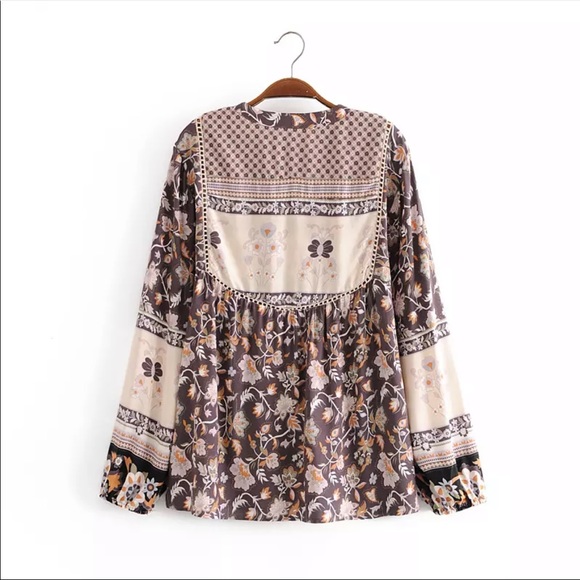 Fall Boho Gypsy Floral Print Peasant Blouse Tan - Picture 5 of 9